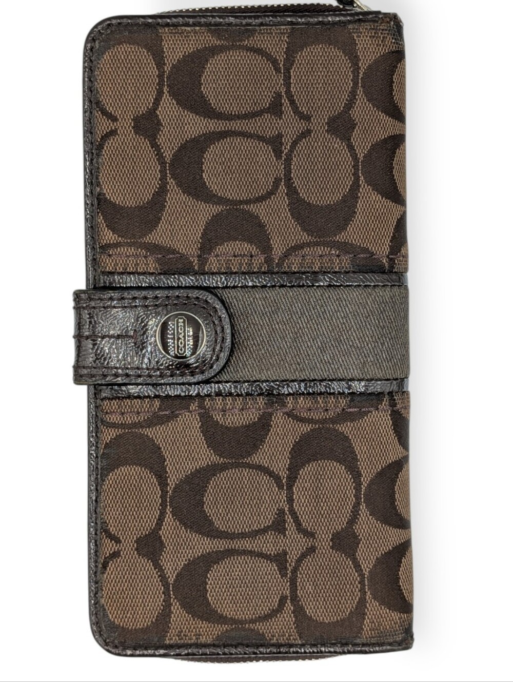 Coach Signature C Jacquard Canvas Patent Leather Zip Around Folding Wallet Dark - Picture 2 of 16